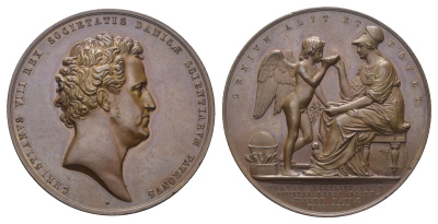 Дания медаль 1842 Кристиан VIII (1786-1848) королевское научное общество, медальер G. Christensen, диаметр 44 мм.  бронза   aUNC 00-807-47