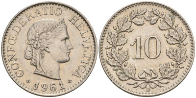 Швейцария 10 раппенов 1961 B KM 27 медно-никель 4608-467