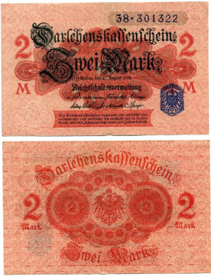 ГЕРМАНИЯ 2 МАРКИ 1914 РОЗОВАЯ БУМАГА, СИНЯЯ ПЕЧАТЬ, СЕРИЯ 38 Pick 55, Rosenberg 52d бумага 7551-7-2-1