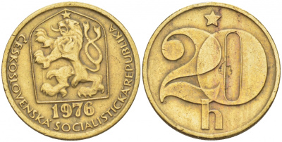 ЧЕХОСЛОВАКИЯ 20 ГЕЛЛЕРОВ 1976 KM 74 латунь 3309-661