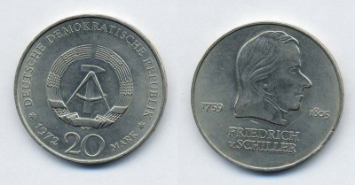 ГДР 20 марок 1972 А, Фридрих Шиллер (1759-1805) KM 40 медно-никель 37-1145