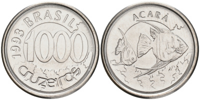 Бразилия 1000 крузейро 1993 реформа 1990-1993, рыбка Акара KM 626 нержавеющая сталь UNC 4556-257