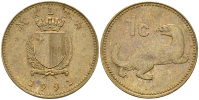 Мальта 1 цент 1991 ласка, горностай KM 93 никель латунь 4585-1158