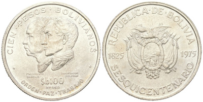 Боливия 100 песо 1975 150 лет независимости KM 194 серебро UNC 443-425