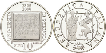 Италия 10 евро 2008 700 лет Университету Перуджиа KM 306 серебро PROOF 02-116-34