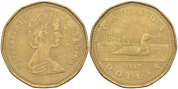 Канада 1 доллар 1987 утка, Елизавета II KM 157 никель плакированный алюминиевой бронзой 63-443