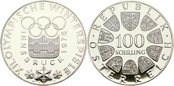Австрия 100 шиллингов 1974 XII зимние Олимпийские игры в Инсбруке, эмблема KM 2926 серебро PROOF 02-118-11