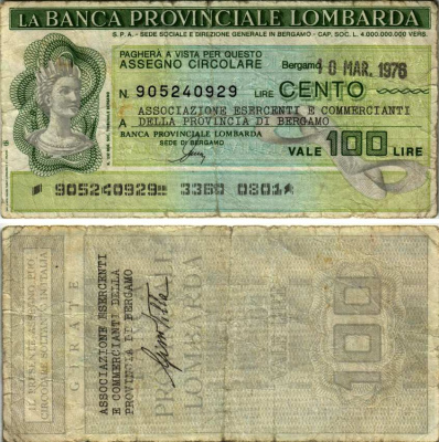 Италия чек на 100 лир 1976 10 марта 1976, La Banca provinciale lombarda бумага 7203-38-1-1