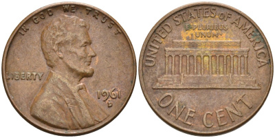 США 1 цент 1961 D, Авраам Линкольн KM 201 медь цинк 4115-827