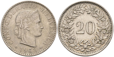 Швейцария 20 раппенов 1963 В KM 29а медно-никель 4592-916