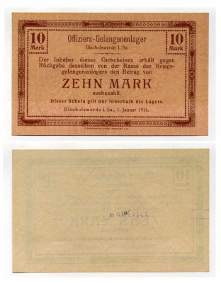 Германия 10 марок 1916 Бишофсверда в Саксонии, лагерь военнопленных офицеров и тюрьмы, в нагрузку C-2758 бумага UNC (пресс) 504-70-2-1