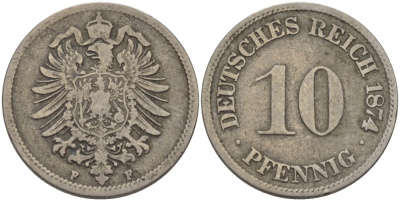ГЕРМАНИЯ 10 ПФЕННИГОВ 1874 F, СТАРОГЕРБОВКА KM 4, J.4 медно-никель 28-433