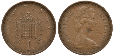 Великобритания 1 пенни 1971 Елизавета II (1952-2022) KM 915, Spink 4237 (B1) бронза 4182-123