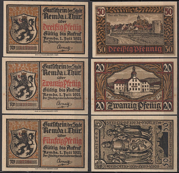 Ремда полный набор из 3 нотгельдов (20, 30 и 50 пфеннигов) 1921 Mehl Grabowski 1115.1c бумага UNC (пресс) 7556-16-4-2