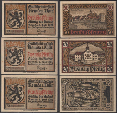 Ремда полный набор из 3 нотгельдов (20, 30 и 50 пфеннигов) 1921 Mehl Grabowski 1115.1c бумага UNC (пресс) 7556-16-4-2