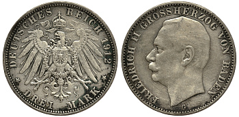 Баден 3 марки 1912 Фридрих II (1907-1918) J. 39, KM 280 серебро    3711-1723