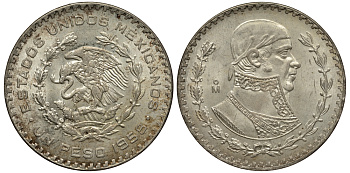Мексика 1 песо 1958 Хосе Мария Морелос KM 459 серебро UNC 107-1014