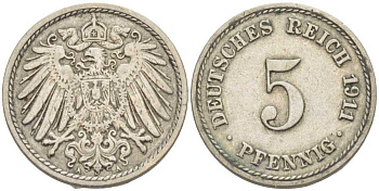 Германия 5 пфеннигов 1911 A KM 11, J. 12, Weege 6 медно-никель 105-149