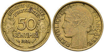 Франция 50 сантимов 1931 KM 894.1, Le Franc 192.15 алюминиевая бронза 4596-738
