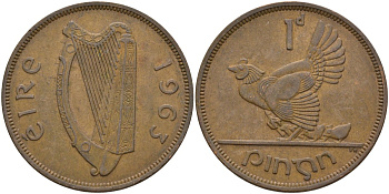 Ирландия 1 пенни 1963 курица с цыплятами KM 11 бронза 4144-1121