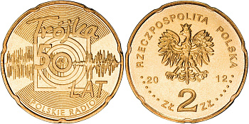Польша 2 злотых 2012 MW, 50 лет радио "тройка" KM 816 нордик UNC 4513-937