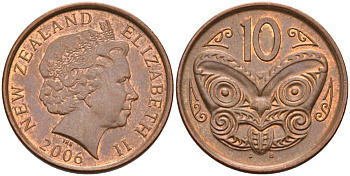 Новая Зеландия 10 центов 2006 Елизавета II (1952-2022), маска маори KM 117а сталь плакированная медью 106-942