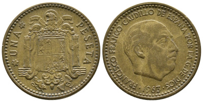 ИСПАНИЯ 1 ПЕСЕТА 1963 (65) ФРАНСИСКО ФРАНКО ДИКТАТОР ИСПАНИИ (1939-1975) KM 775 алюминиевая бронза 176-748