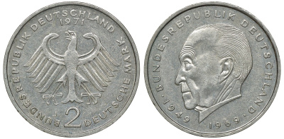 ФРГ 2 МАРКИ 1971 J, КОНРАД АДЕНАУЭР KM 124, J. 406 медно-никель плакированный никелем плакированный никелем UNC 72-441