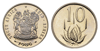 ЮАР 10 центов 1989 герб, цветок алоэ KM 85 никель PROOF 4690-966