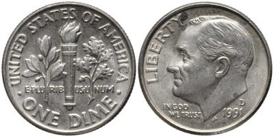 США 10 ЦЕНТОВ = 1 ДАЙМ 1991 D, РУЗВЕЛЬТ KM 195а медь плакированная медно-никелем 112-648