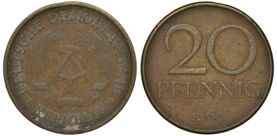 ГДР 20 пфеннигов 1969 А, первый год KM 11 латунь 62-1033
