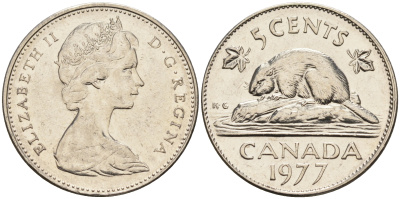 Канада 5 центов 1977 Елизавета II (1952-2022), бобр KM 60.1 никель  4148-1231