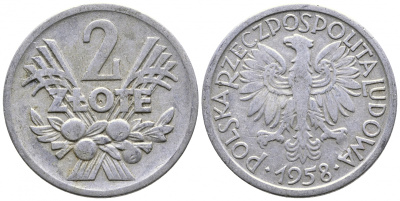 Польша 2 злотых 1958 MW KM 46, Parchimowicz 216a алюминий 4379-136