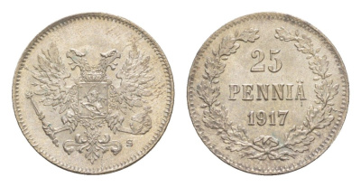 Россия для Финляндии 25 пенни 1917 S, временное правительство (03.1917-10.1917), без короны Биткин GSF2 серебро UNC 4658-861