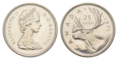 Канада 25 центов 1971 Елизавета II (1952-2022), олень KM 62b никель PROOF-LIKE (BU) 4631-917