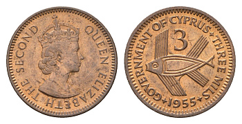 Кипр 3 миля 1955 Елизавета II (1952-2022), рыба KM 33 бронза UNC 4173-119