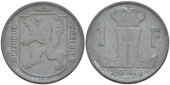 БЕЛЬГИЯ 1 ФРАНК 1941 BELGIQUE-BELGIE, ЛЕОПОЛЬД II (1934-1950), ГЕРМАНСКАЯ ОККУПАЦИЯ, ВТОРАЯ МИРОВАЯ ВОЙНА KM 127 цинк 202-931