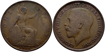 Великобритания 1 пенни 1914 Георг V (1910-1936) KM 810, Spink 4051 бронза 540-444