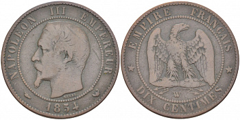 ФРАНЦИЯ 10 САНТИМОВ 1854 W, НАПОЛЕОН III (1852-1870) KM 771.7, LE FRANC 133.17 бронза 4403-442