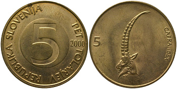 Словения 5 толаров 2000 KM 6 латунь 4548-1034