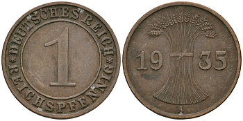 Германия 1 рейхспфенниг 1935 A KM 37, J. 313 бронза 4189-1262