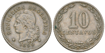 Аргентина 10 сентаво 1899 KM 35 медно-никель 4615-531