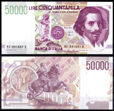 Италия 50000 лир 1992 Джованни Бернини Pick 116 c бумага UNC (пресс) 451-1089-2