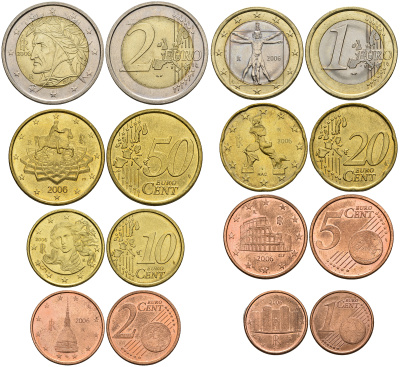 Италия евронабор из 8 монет 2006 1, 2, 5, 10, 20, 50 евроцентов, 1 и 2 евро KM 210, 211, 212, 213, 214, 215, 216, 217 UNC N6-24