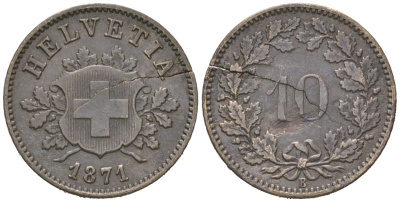 Швейцария 10 раппенов 1871 B, редкий год - тираж 844.000 экземпляров KM 6 серебро 4160-1122