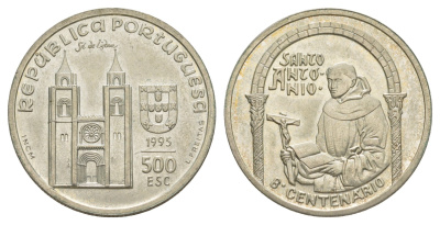 Португалия 500 эскудо 1995 800 лет c дня рождения Антония Падуанского KM 686 серебро BU 32-842