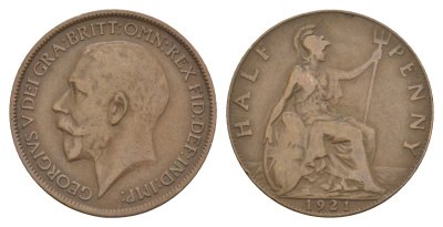 Великобритания 1/2 пенни 1921 Георг V (1910-1936) KM 809, Spink 4056 бронза 4642-427