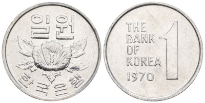 Южная Корея 1 вона 1970 роза шарона KM 4a алюминий  UNC  4151-256