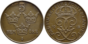 Швеция 5 эре 1912 Густав V (1907-1950) KM 779.2 бронза 4394-833