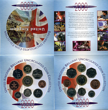 Великобритания официальный набор монетного двора из 9 монет (1, 2, 5, 10, 20 и 50 пенсов; 1 и 2 фунта) 2000 150 лет публичной библиотеке, в оригинальном картонном буклете KM MS127 (986, 987, 988, 989, 990, 991, 994, 1004 и 1005) сталь плакированная медью,